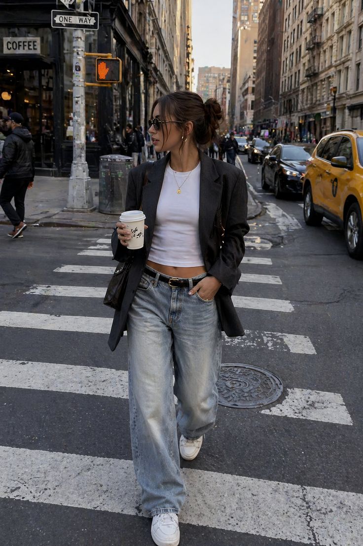 Woman in a blazer and loose jeans walking across a city street with a coffee cup