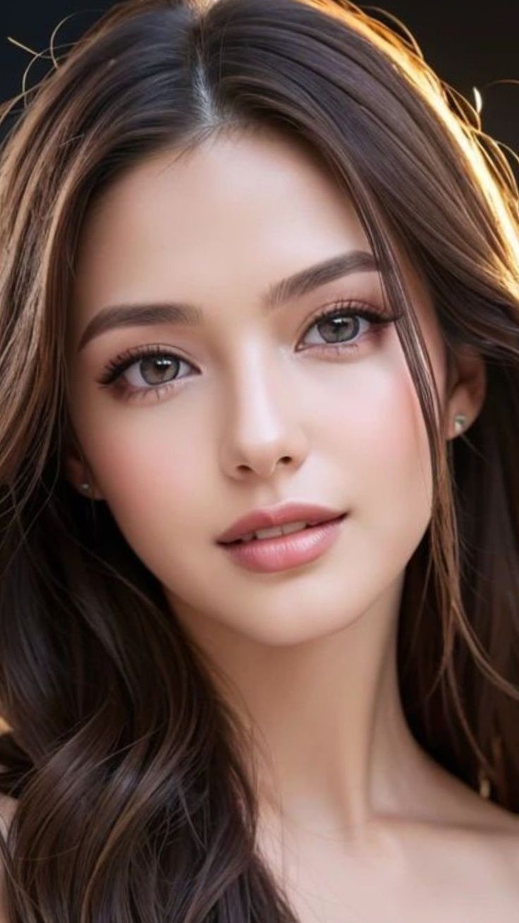 Realistic portrait of a woman with long brown hair and soft lighting