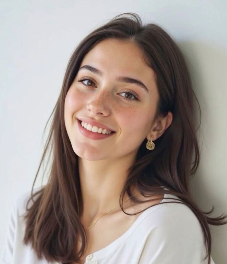 Smiling woman with long brown hair and freckles wearing a white shirt and jewelry