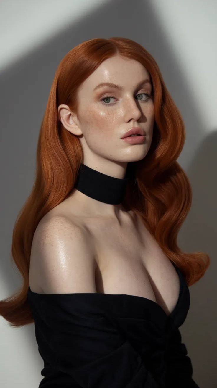 Woman with long red hair and a black choker in an off-shoulder top