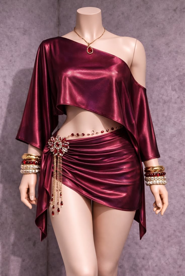 Mannequin wearing a burgundy off-shoulder top and mini skirt with gold jewelry