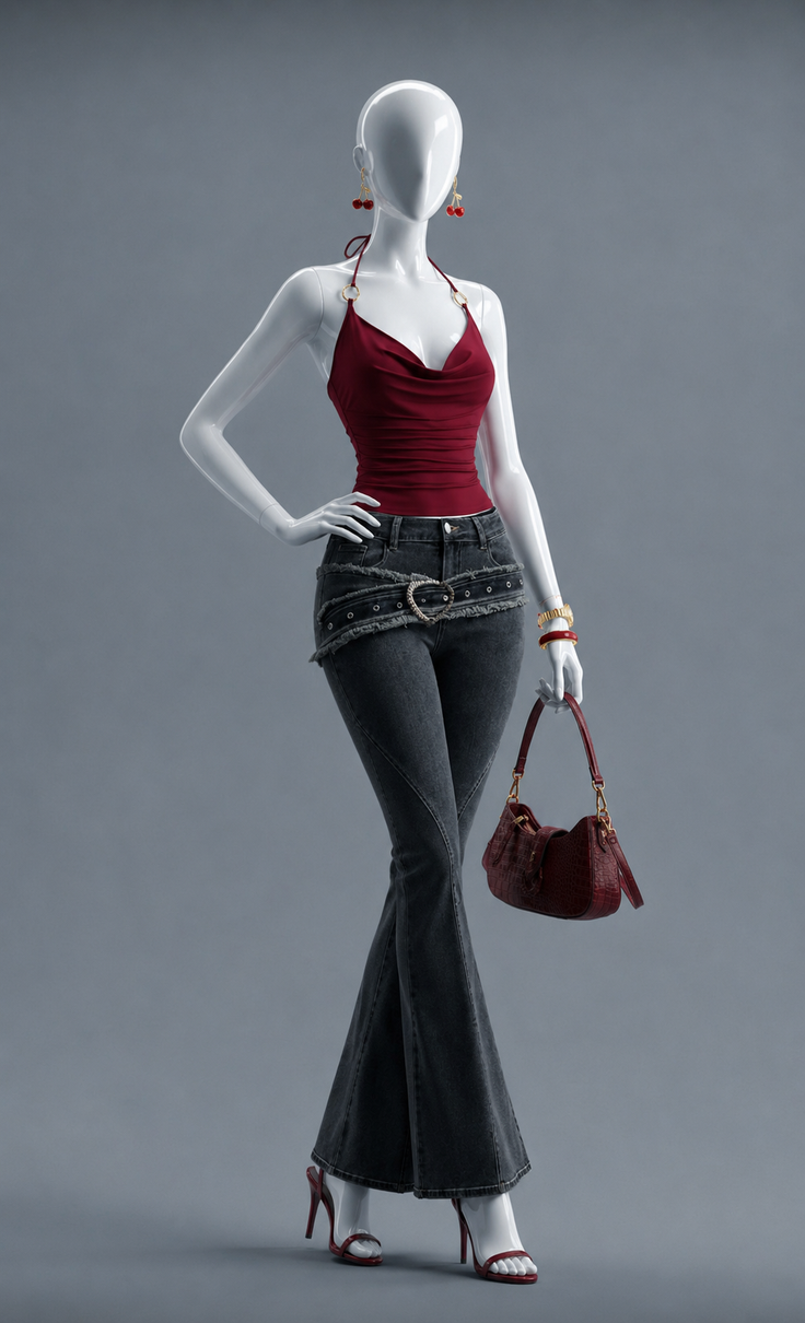 Mannequin wearing a red halter top, flared jeans, and red high heels with a handbag