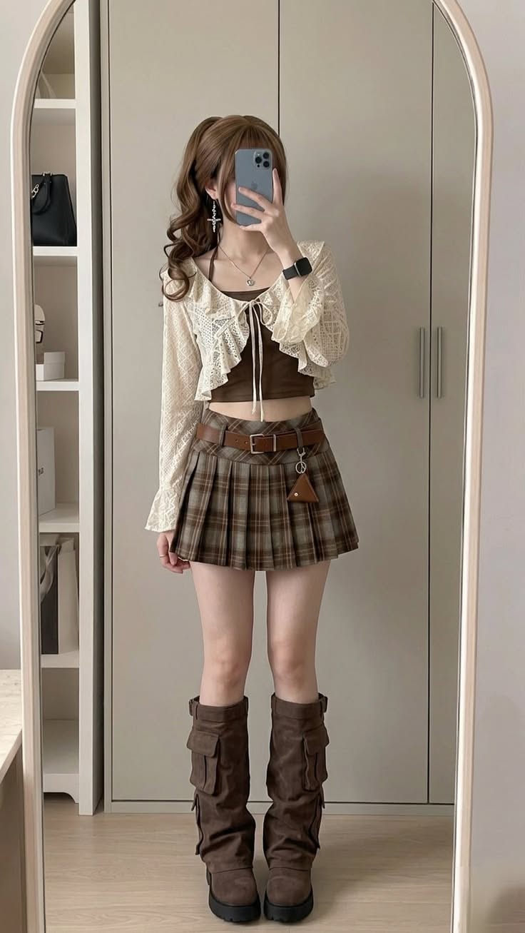 Person in a plaid skirt, crop top, and brown boots taking a mirror selfie