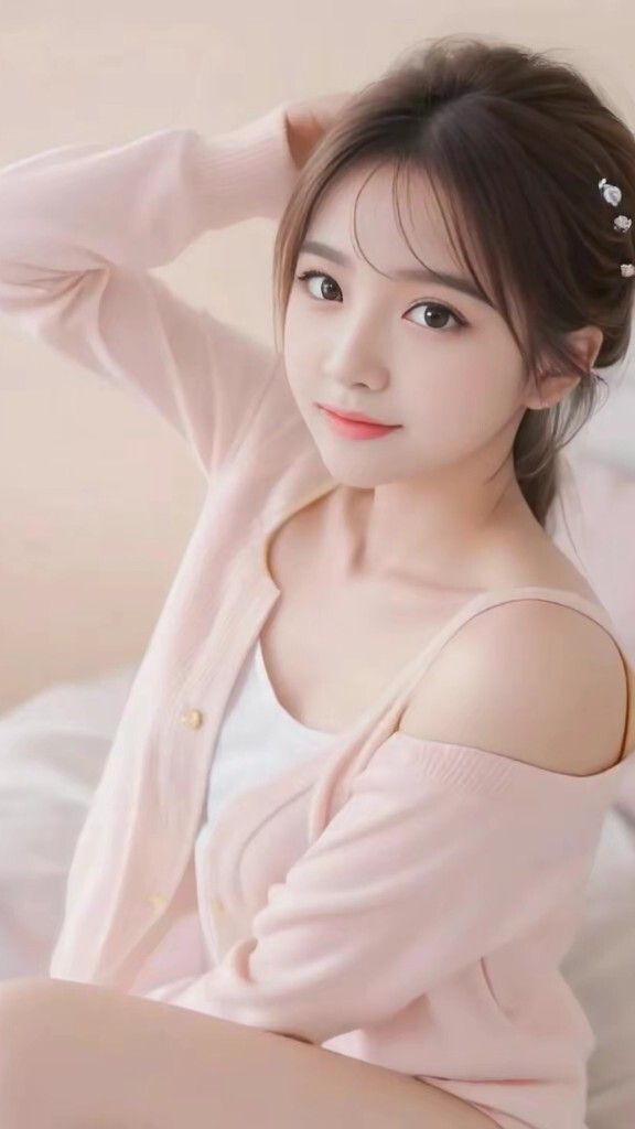 Woman in a pink cardigan and white tank top with exposed shoulder
