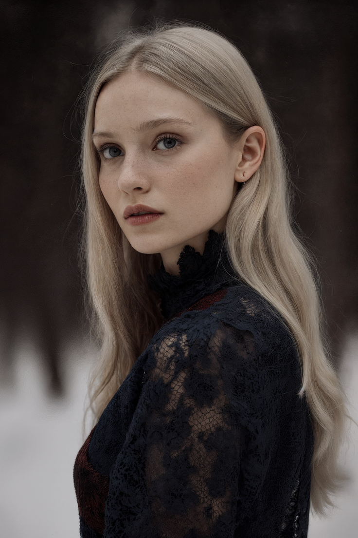 Woman with blonde hair wearing a lace top in a winter outdoor setting