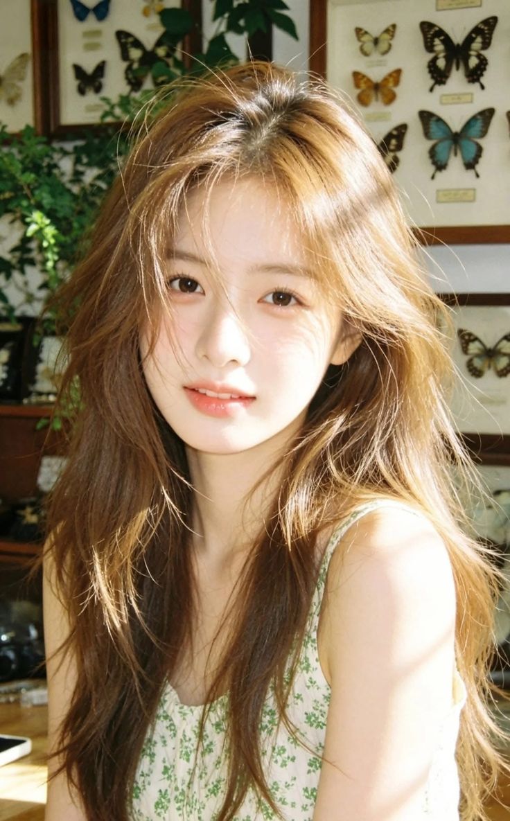 Woman with long brown hair in a green floral top, bathed in soft indoor light