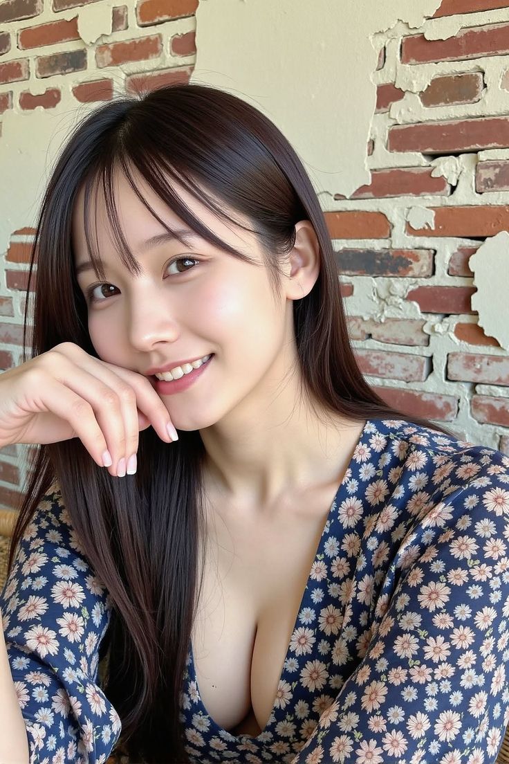 Woman with long dark hair smiling in a floral dress with cleavage visible