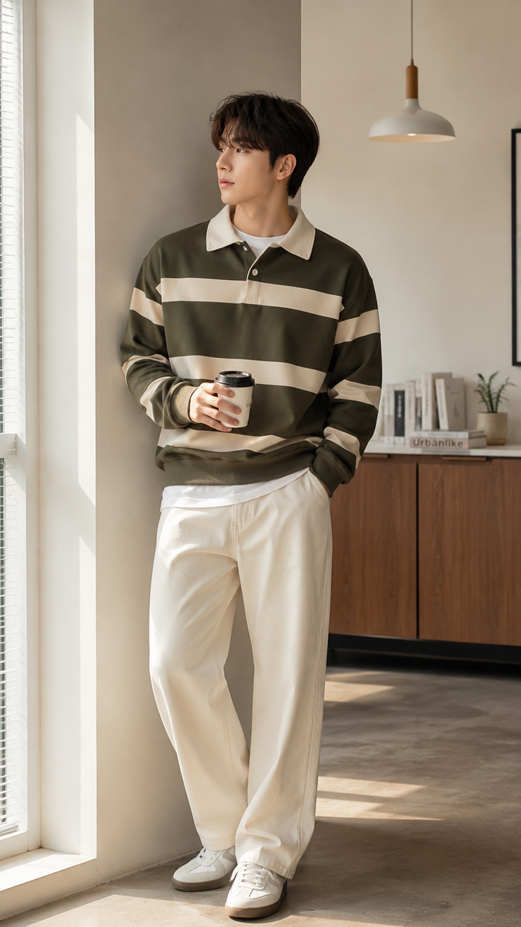 Man in a striped polo shirt and wide leg pants holding a coffee cup indoors
