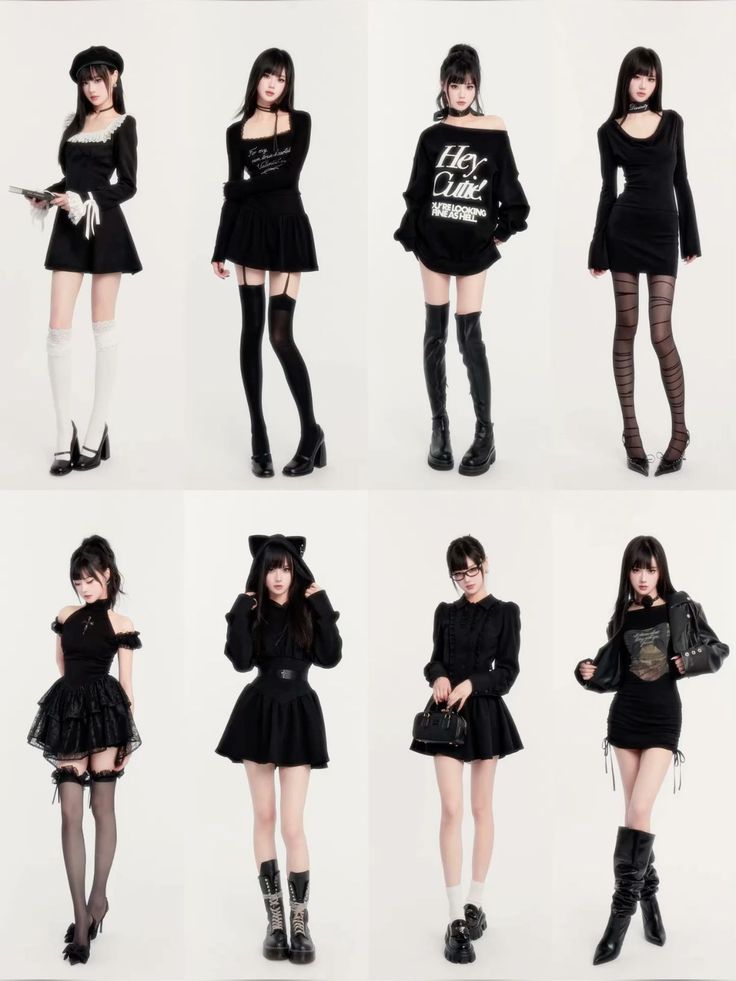 Multiple women in various black gothic-inspired outfits on a white background