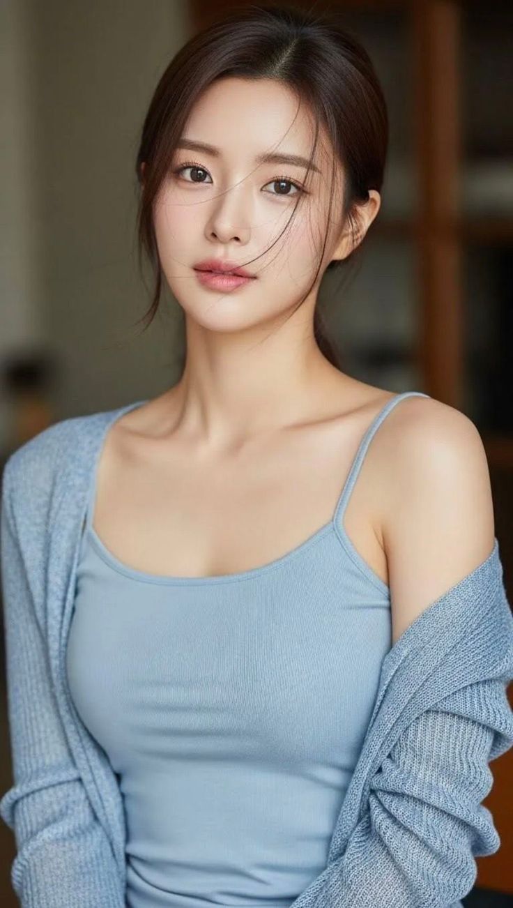 Woman in a blue camisole and cardigan with soft lighting