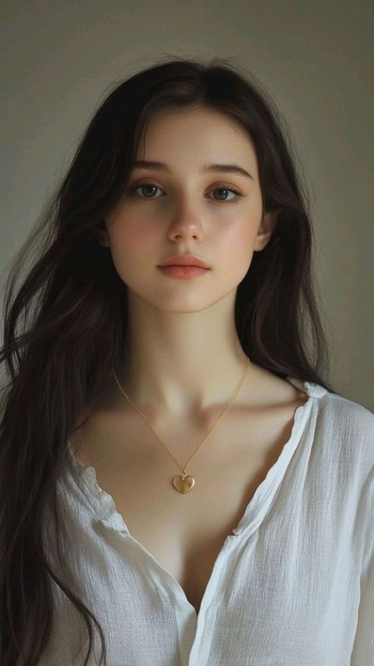 Realistic portrait of a woman with long dark hair wearing a white shirt and heart necklace