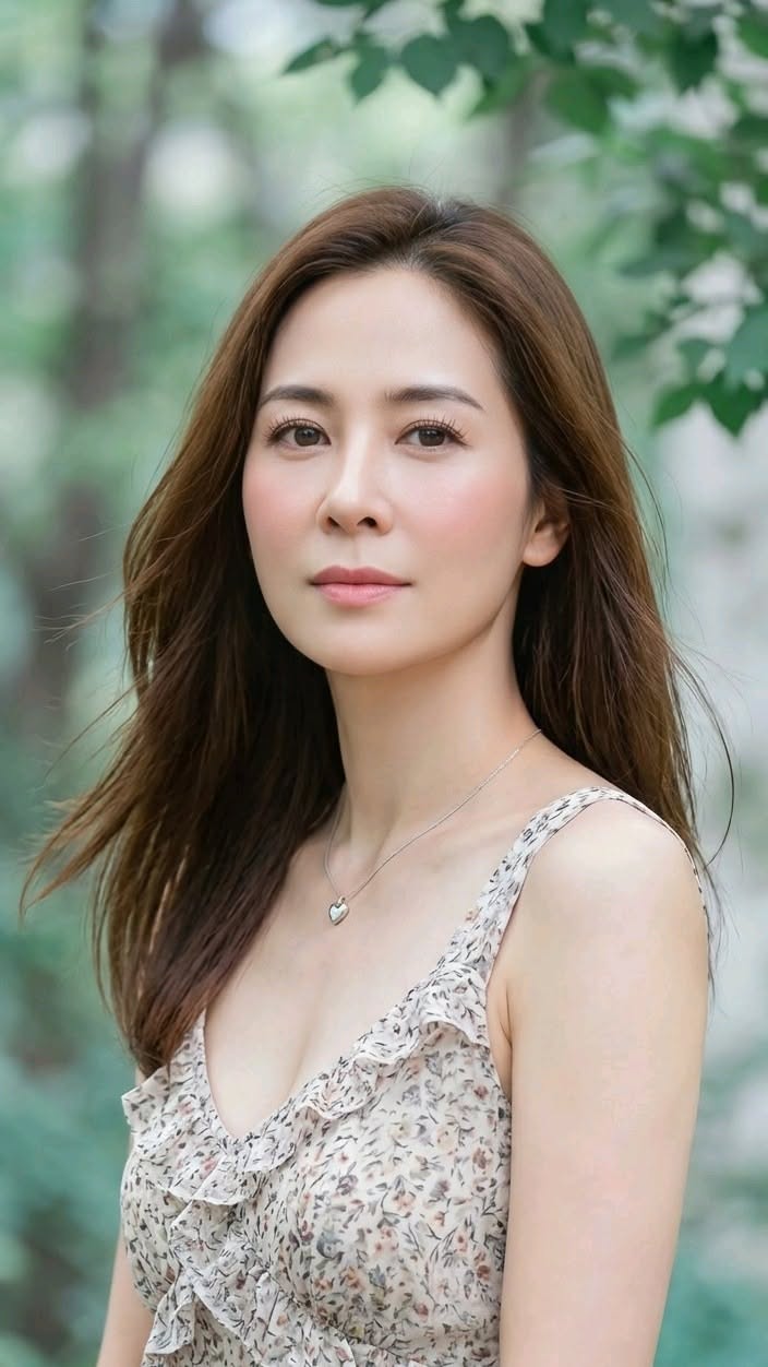 Woman with long brown hair wearing a floral dress and heart necklace outdoors