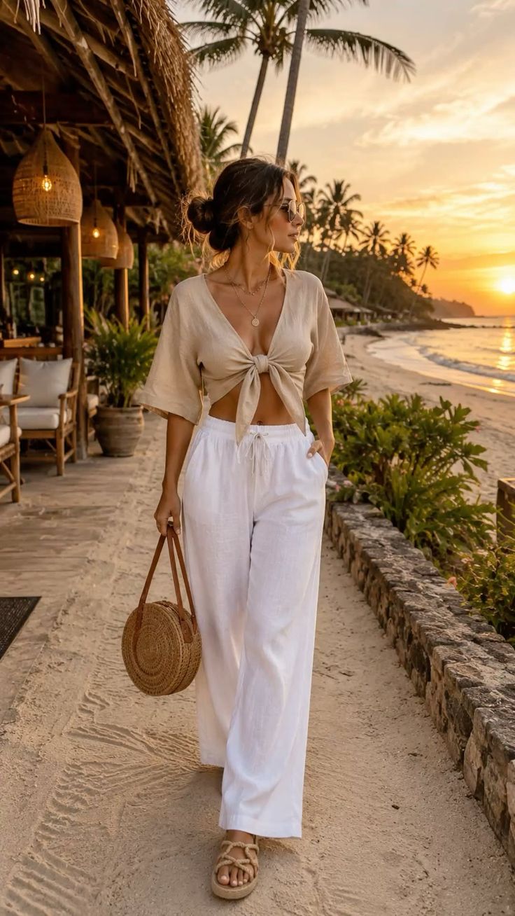 Woman in a crop top and white pants walking along a beach resort at sunset