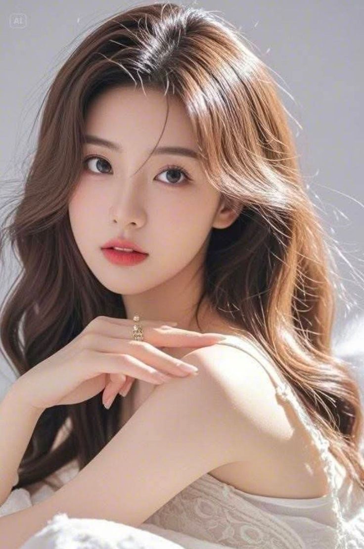 Woman with long brown wavy hair and a ring on her finger
