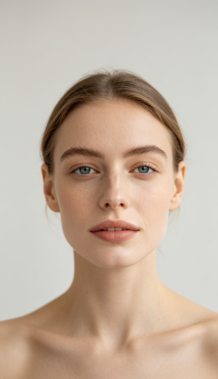 Woman with blue eyes and freckles looking directly at the camera