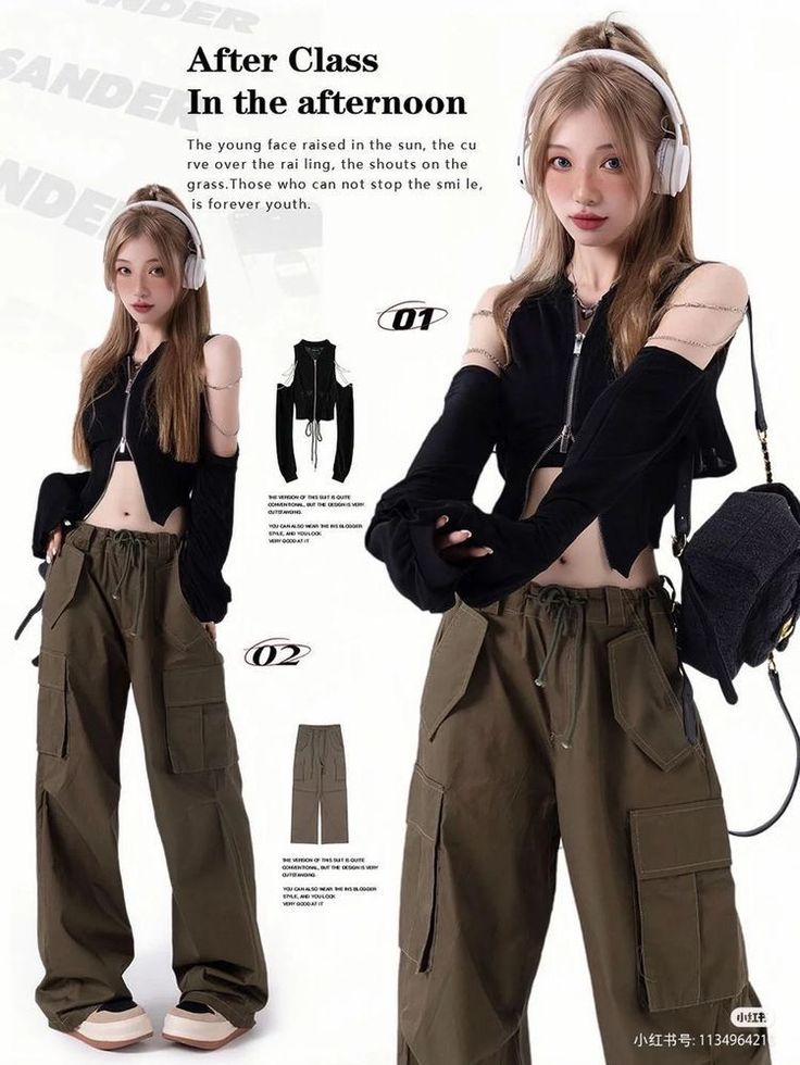 Woman in a black crop top and cargo pants with headphones