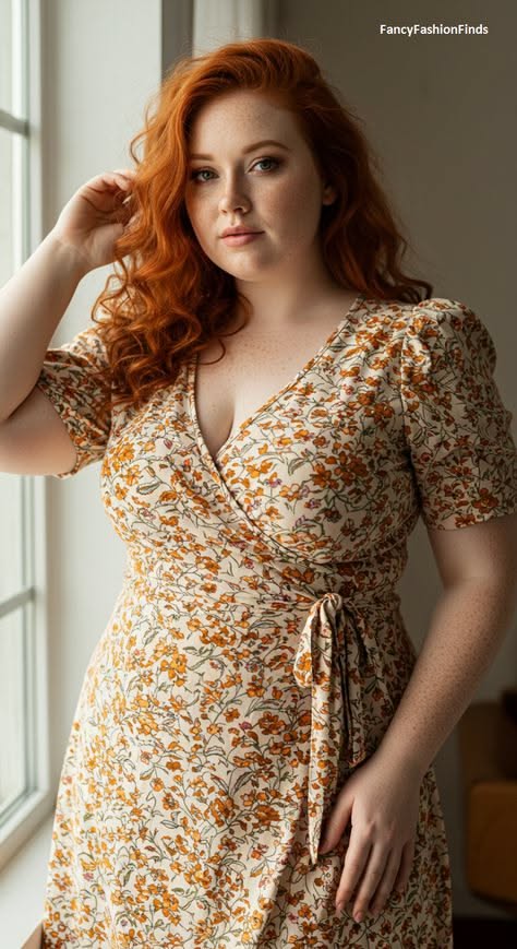 Woman with red hair and freckles wearing a floral wrap dress indoors