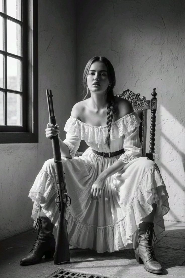 Woman in an off-shoulder dress and boots holding a long rifle, sitting indoors