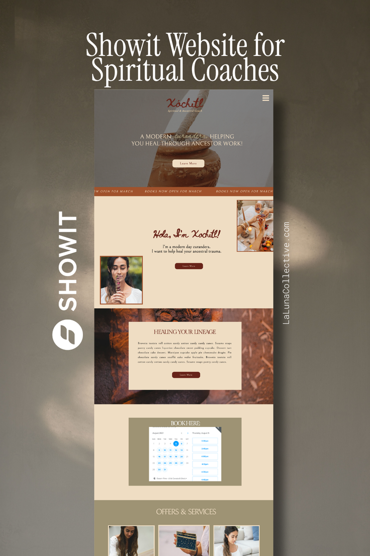 Website design for a spiritual coach with a booking calendar and multiple sections