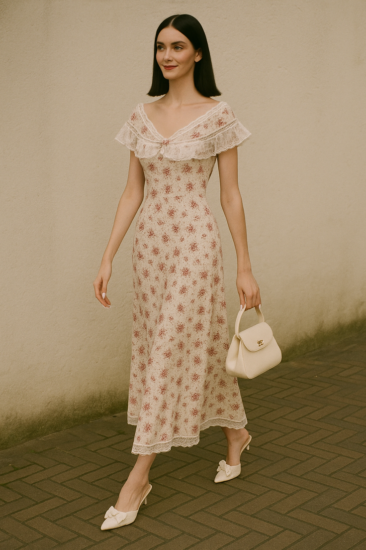 Woman in a floral dress with lace trim and a handbag walking outdoors