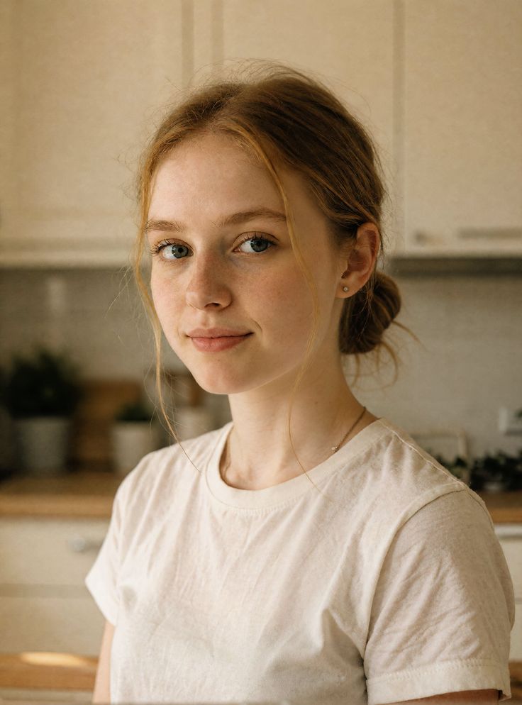 Young woman with red hair and freckles in a white t-shirt indoors