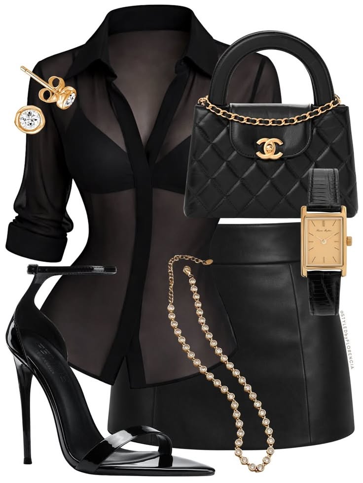 Fashion flat lay of a black sheer shirt, leather skirt, and accessories