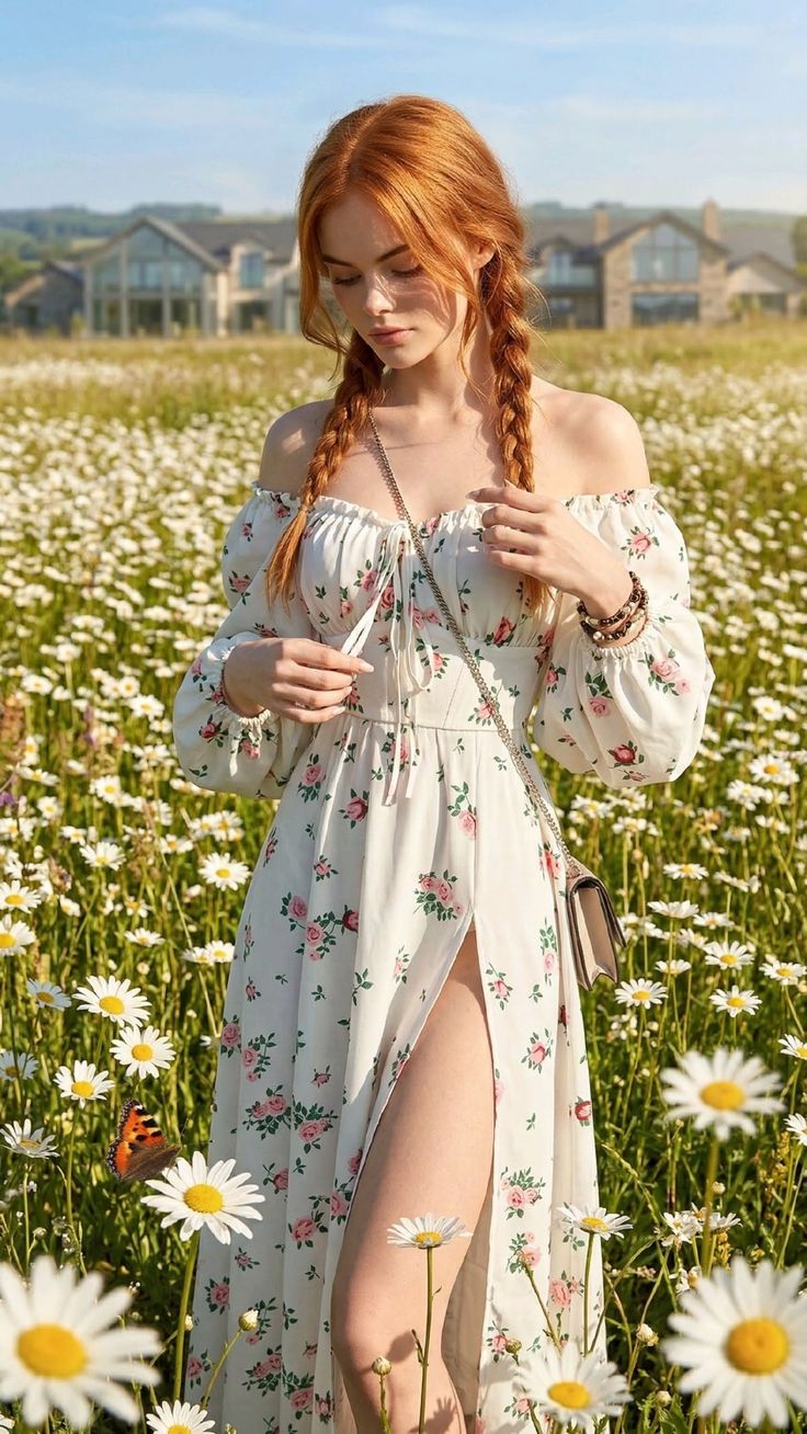 Woman with red braided hair in a floral dress in a daisy field