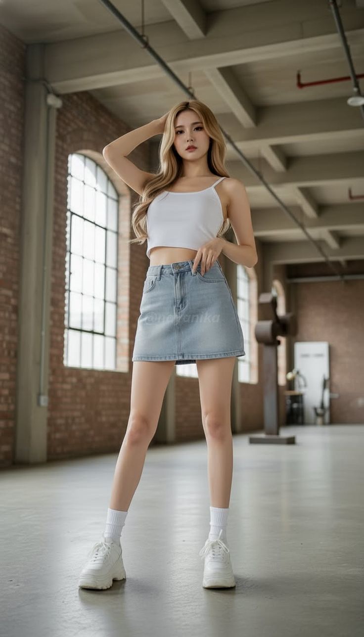 Woman with blonde hair in a white crop top and denim skirt indoors