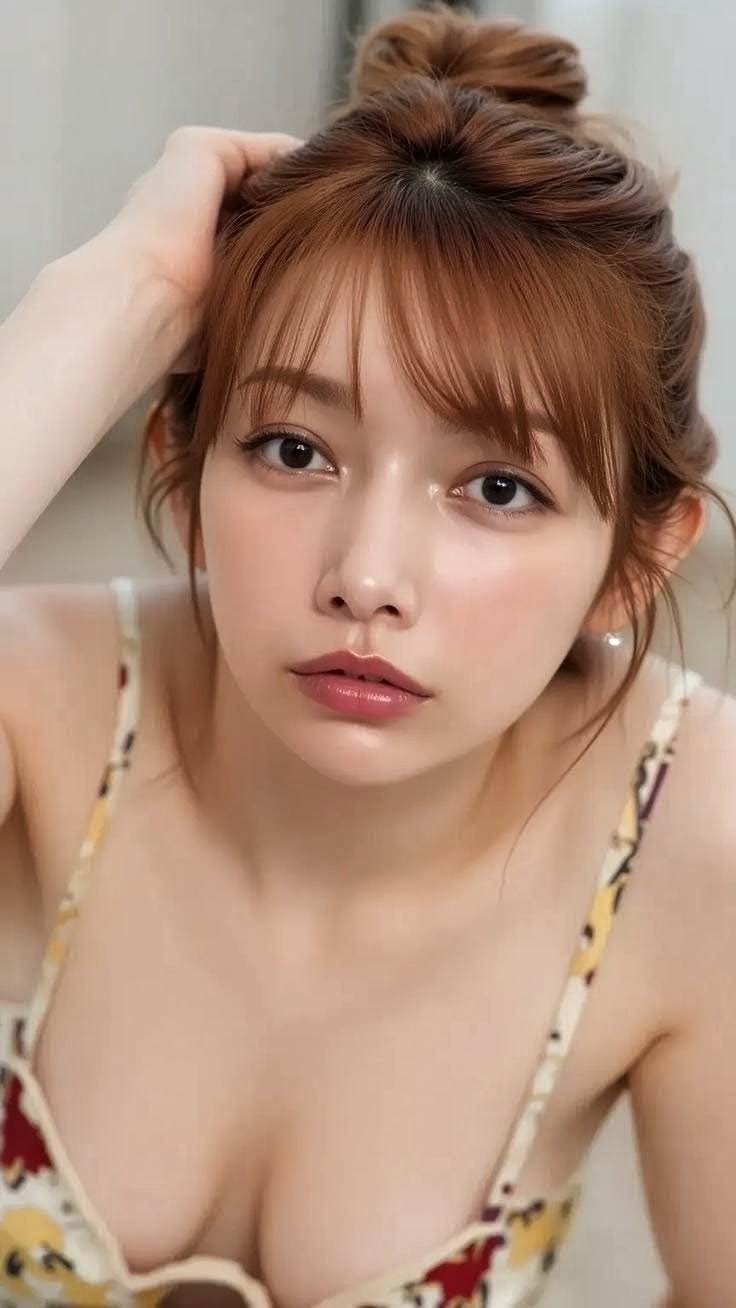Woman with brown hair in a bun and bangs, wearing a floral print top