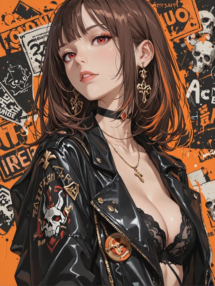 Anime girl with red eyes wearing a leather jacket and lace bra