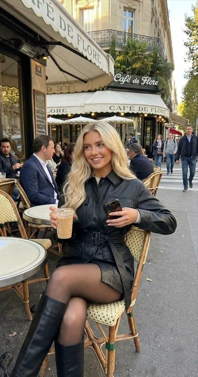 Blonde woman in a black leather jacket and boots sitting at an outdoor cafe