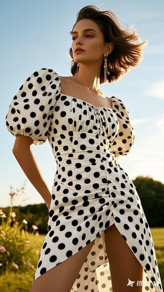 Woman in a white polka dot dress with puffy sleeves outdoors