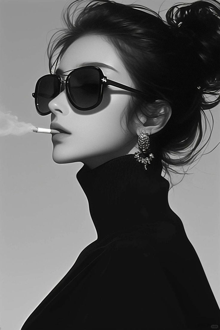 Illustration of a woman in sunglasses and a turtleneck, smoking a cigarette