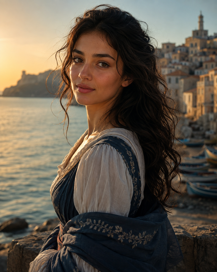 Woman in traditional dress by the sea at sunset with a coastal town in the background