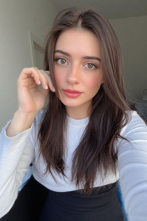 Woman with long brown hair and green eyes wearing a white shirt indoors