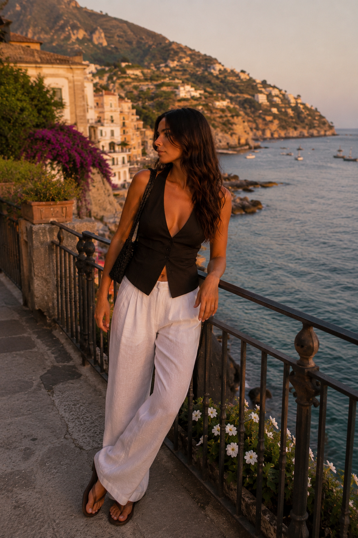 Woman in a black vest and white pants on a coastal balcony at golden hour