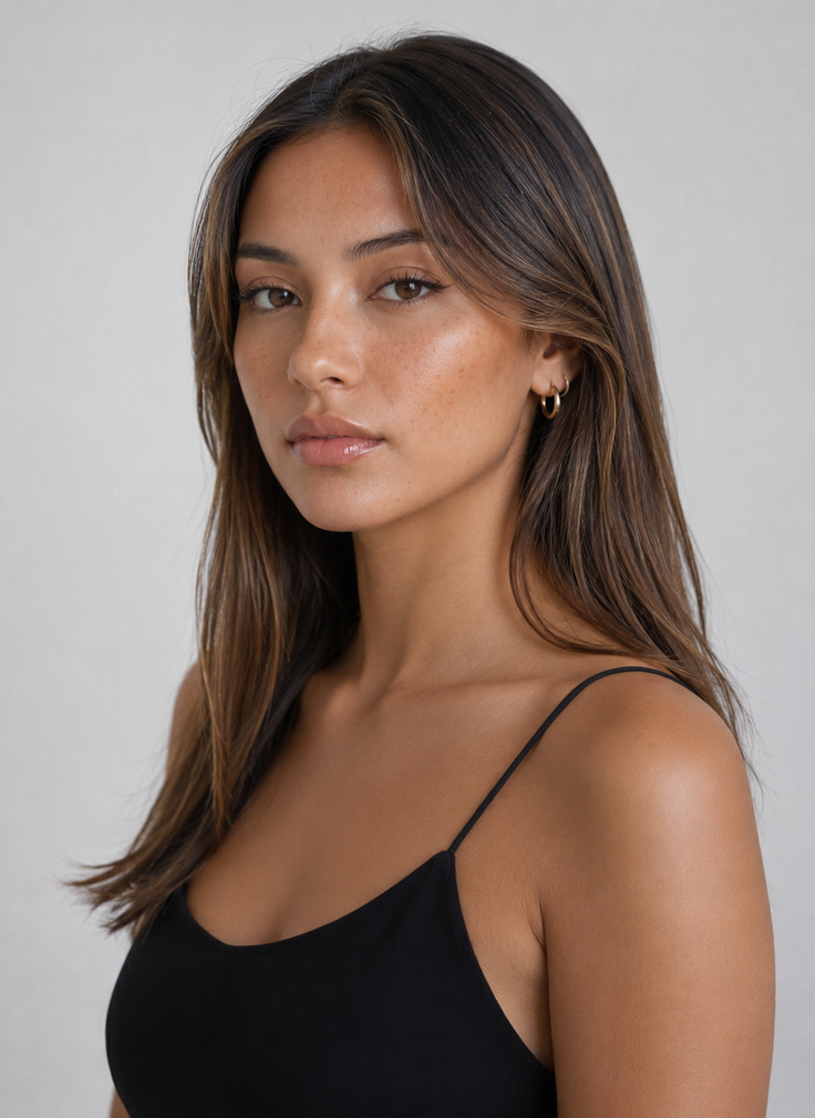 Woman with long brown hair and gold hoop earrings wearing a black top