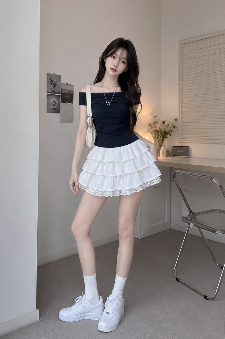 Woman in a black off-shoulder top and white tiered mini skirt indoors