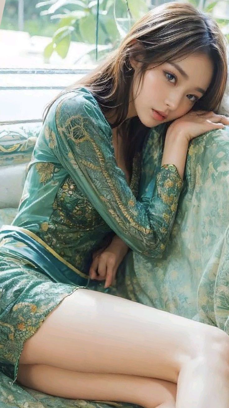 Woman with long hair in a green ornate dress, resting her head on a patterned cushion