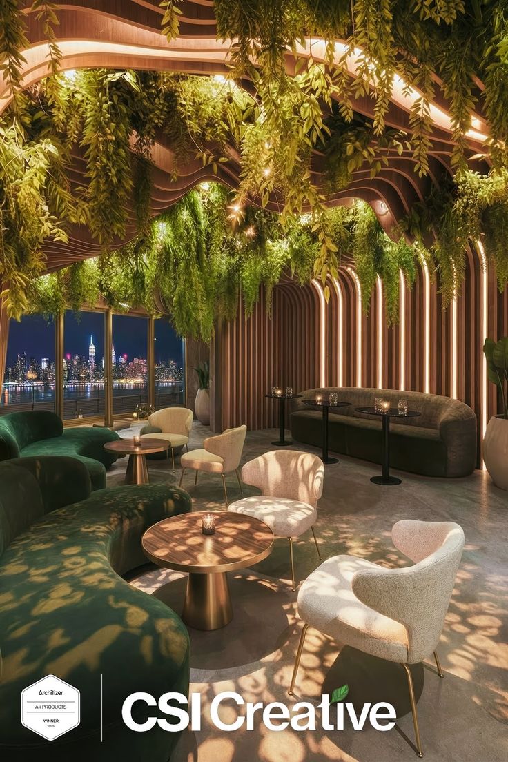 A modern rooftop bar with lush greenery and a cityscape view at night