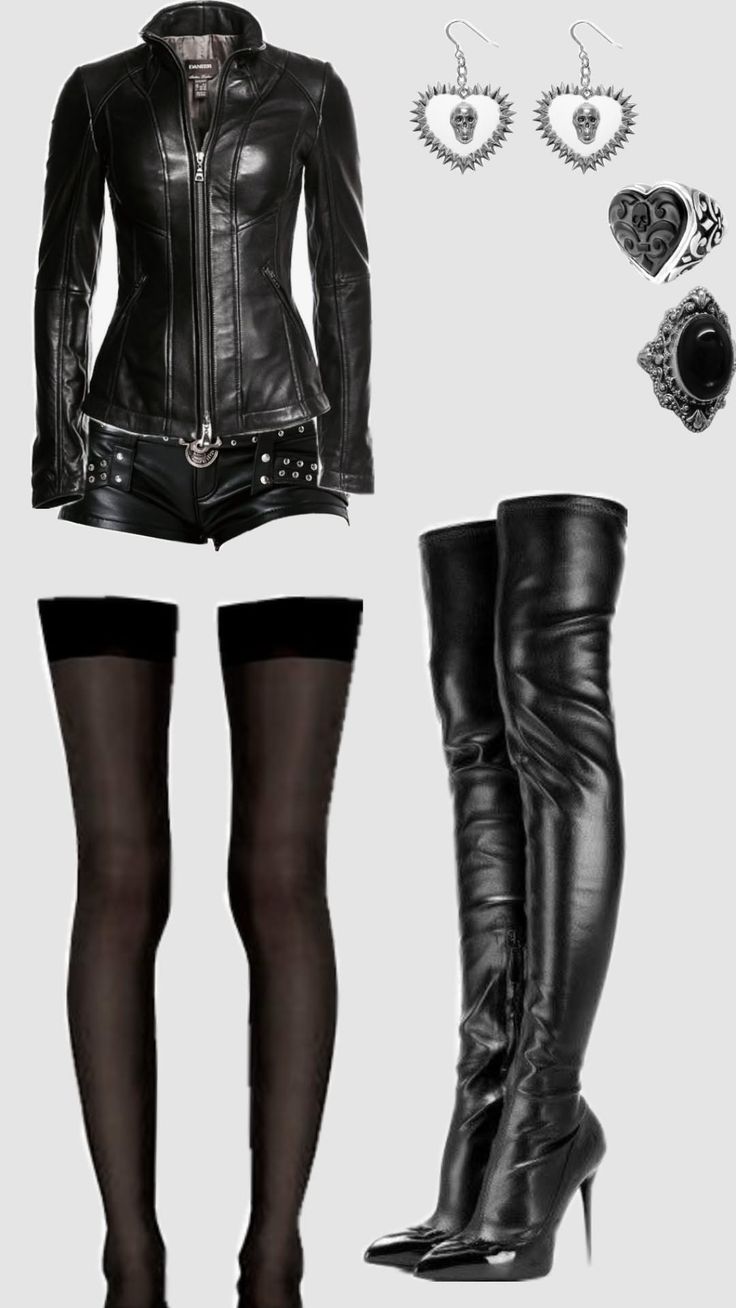 Gothic-inspired outfit with black leather jacket, shorts, thigh-high boots, and skull jewelry