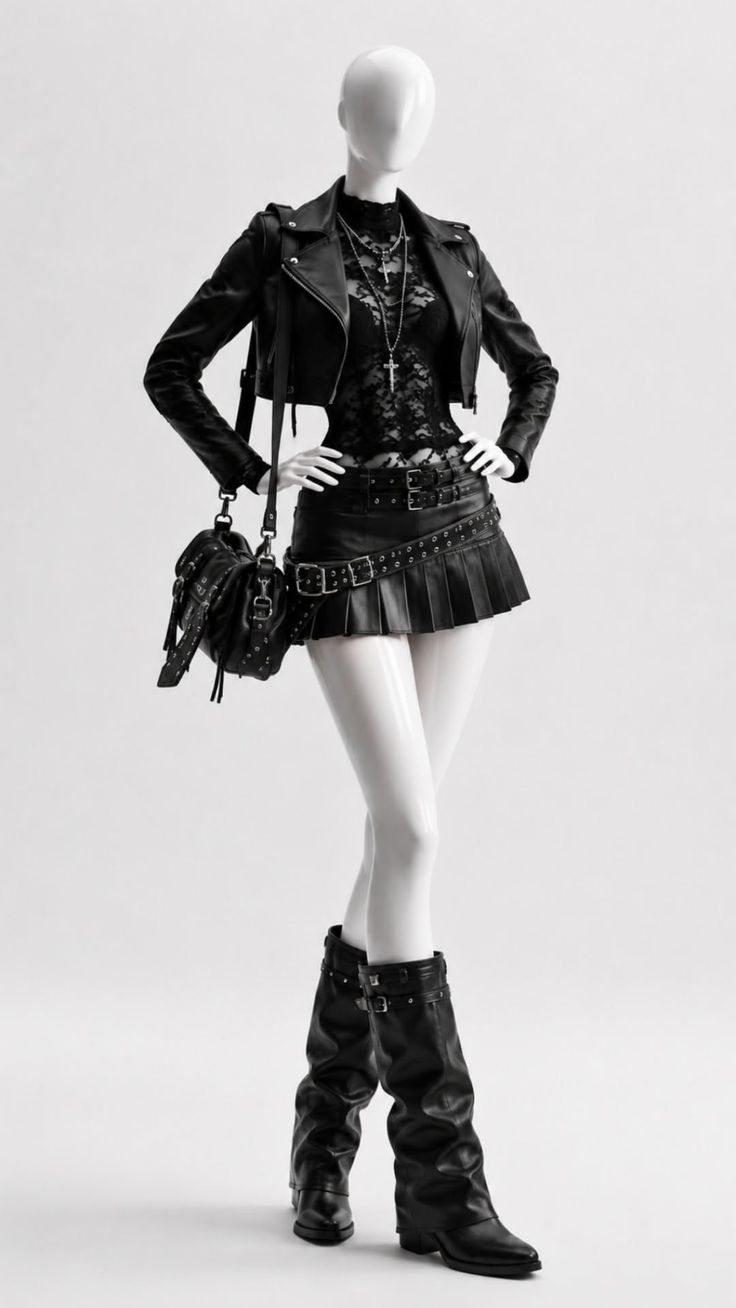 Mannequin dressed in a black leather jacket, pleated skirt, and lace top