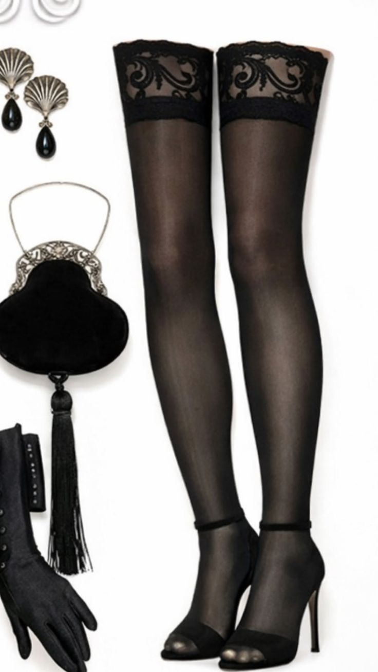 Black stockings with lace trim, high heels, and matching accessories