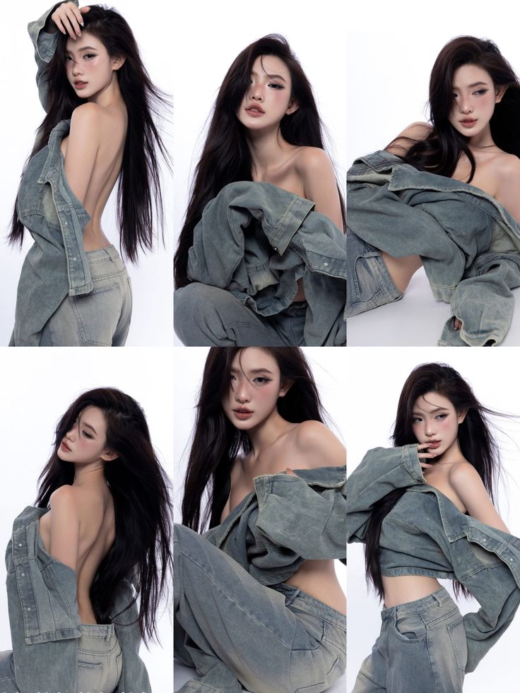 Woman with long dark hair posing in a denim jacket and jeans