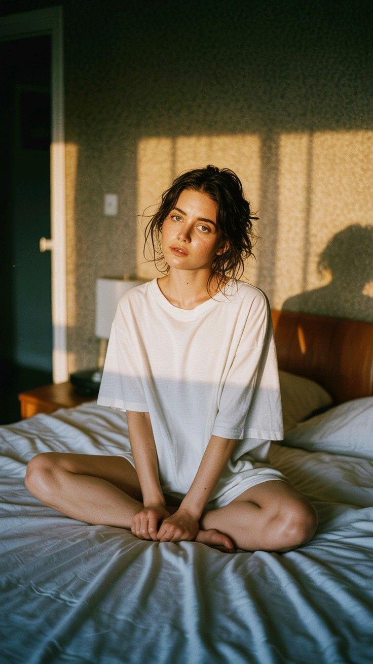 Woman with messy hair in a white t-shirt sitting on a bed with golden hour lighting