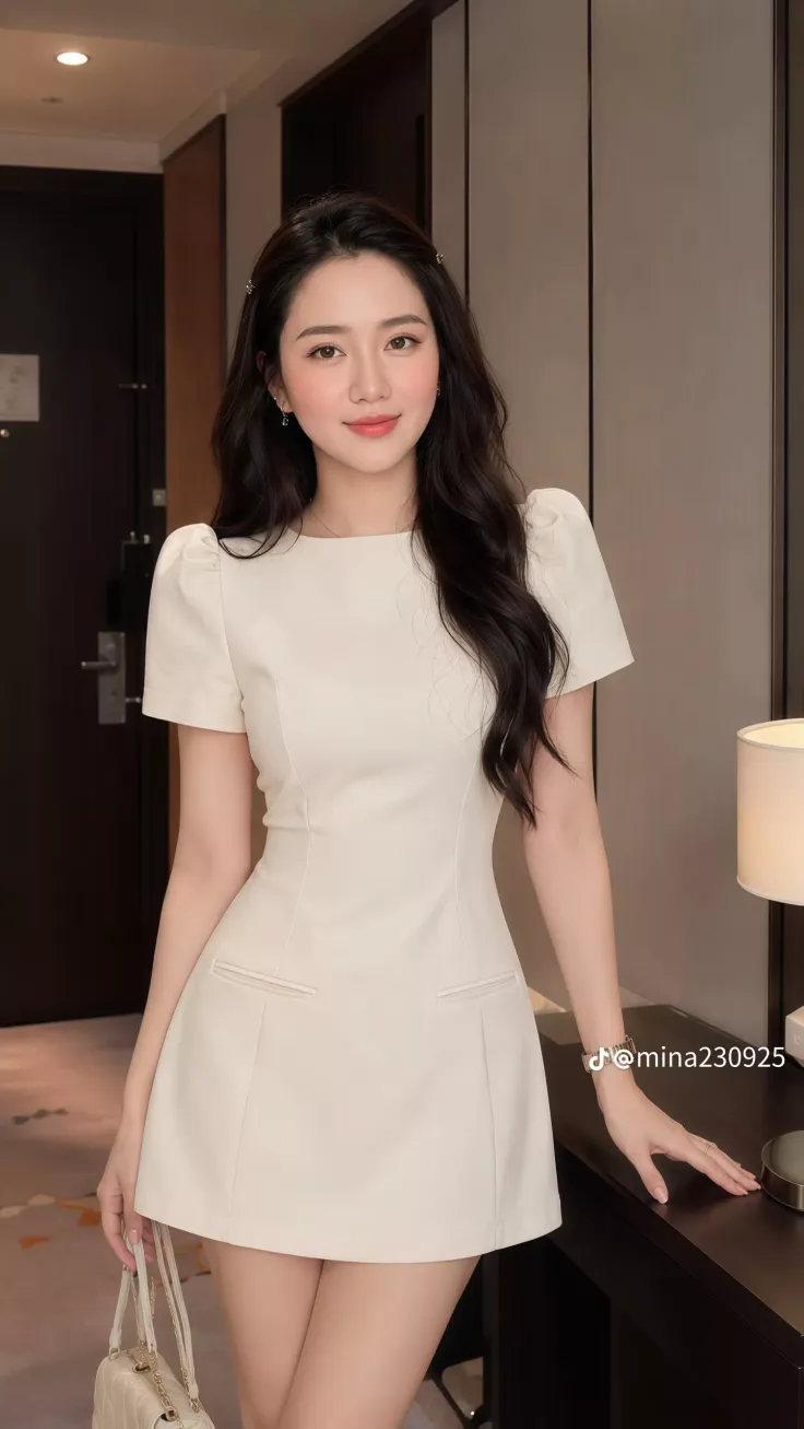 Woman in a white short dress with puffy sleeves posing indoors