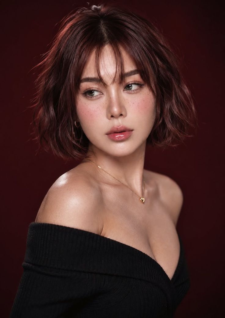 Woman with short hair and freckles wearing an off-shoulder top and gold necklace