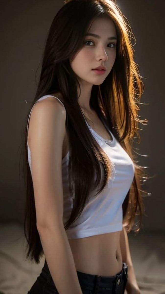 Woman with long hair in a white tank top with backlight