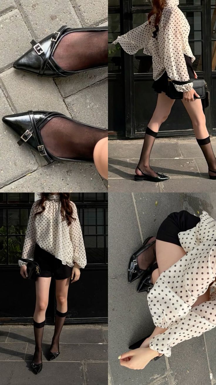 Woman in a polka dot blouse and black shorts with sheer socks and flats