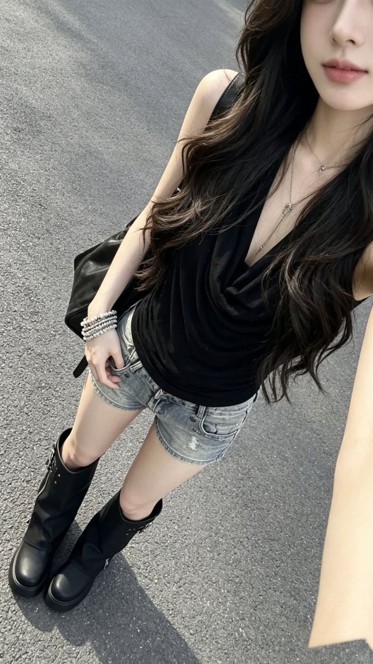 Woman with long dark hair wearing denim shorts and a black top outdoors